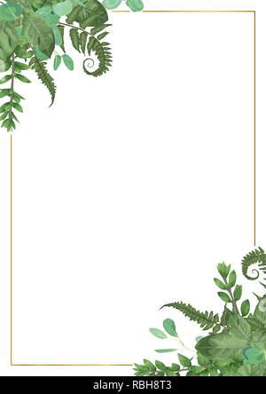 Decorative golden rectangular frame with eucalyptus, fern and boxwood branches isolated on white. For wedding invitations, vignettes, postcards, poste Stock Vector
