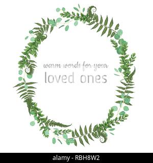 Beautiful leafy frame wreath of eucalyptus, fern and boxwood branches isolated on white. For wedding invitations, vignettes, postcards, posters, label Stock Vector