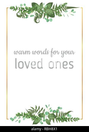 Decorative golden rectangular frame with eucalyptus, fern and boxwood branches isolated on white. For wedding invitations, vignettes, postcards, poste Stock Vector