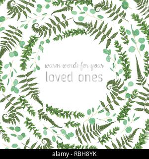 Green vector wreath frame made from twigs and leaves of eucalyptus, boxwood and fern isolated on white background. For wedding invitations, postcards, Stock Vector