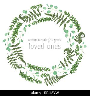 Green vector wreath frame made from twigs and leaves of eucalyptus, boxwood and fern isolated on white background. For wedding invitations, postcards, Stock Vector