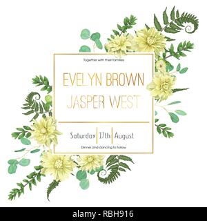 vector golden square flower frame with dahlias, fern leaves, branch of boxwood and eucalyptus is isolated on white background. Template for wedding in Stock Vector