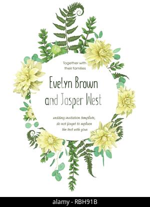Rustic style vector round wreath frame with dahlias, fern leaves, evergreen boxwood and eucalyptus branches isolated on white background. Template for Stock Vector