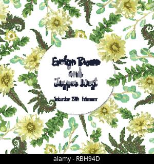 Beautiful vector round frame with flowers of yellow dahlia, leaves of fern leaf, branches of boxwood and eucalyptus on white background. For wedding i Stock Vector