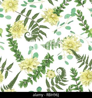 Seamless pattern, background, texture print with light watercolor hand drawn green eucalyptus ,forest fern, branches boxwood, buxus, with flowers of y Stock Vector