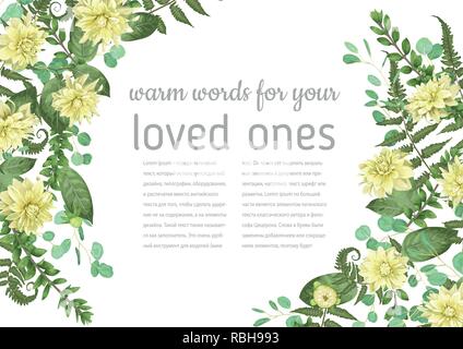 Beautiful vector corner frame with green leaves of eucalyptus, rose, boxwood, forest fern, flowers of yellow dahlia. Suitable for wedding invitations, Stock Vector