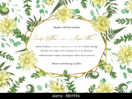 Vector polygonal gold frame with leaves of a forest fern, boxwood, flowers of yellow dahlia and eucalyptus branches on a white background. Suitable fo Stock Vector