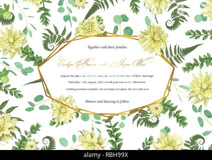 Vector polygonal gold frame with leaves of a forest fern, boxwood, flowers of yellow dahlia and eucalyptus branches on a white background. Suitable fo Stock Vector