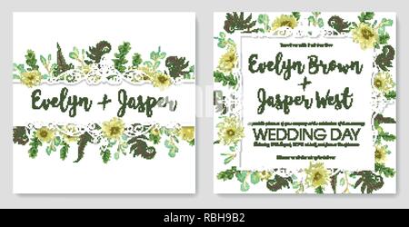 set for wedding invitation, greeting card, save date. Vintage frame green fern leaf, boxwood and eucalyptus, flowers of yellow dahlia on white backgro Stock Vector