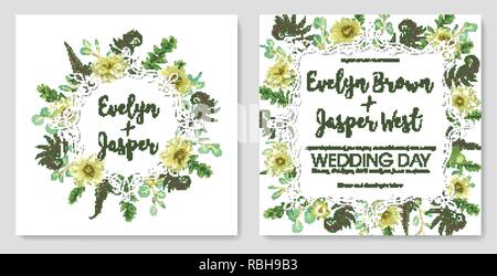 Beautiful delicate vector wedding invitation set, greeting card. Frame of green fern, boxwood and eucalyptus, flowers of yellow dahlia on white backgr Stock Vector