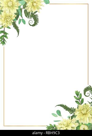 Decorative golden rectangular frame with eucalyptus, fern, flowers of yellow dahlia and boxwood branches isolated on white. For wedding invitations, d Stock Vector