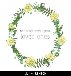 Beautiful leafy frame wreath of eucalyptus, fern, flowers of yellow dahlia and boxwood branches isolated on white. For wedding invitations, vignettes, Stock Vector