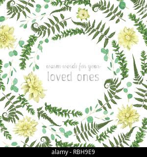 Green vector wreath frame made from twigs and leaves of eucalyptus, boxwood, flowers of yellow dahlia and fern isolated on white background. For weddi Stock Vector