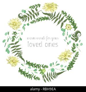 Green vector wreath frame made from twigs and leaves of eucalyptus, boxwood, flowers of yellow dahlia and fern isolated on white background. For weddi Stock Vector