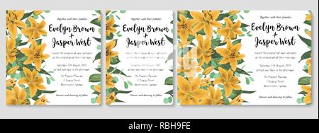 Template set wedding invite, invitation menu, rsvp, thank you card, table, vector floral greenery design. Watercolor style herbs, eucalyptus, lily lea Stock Vector