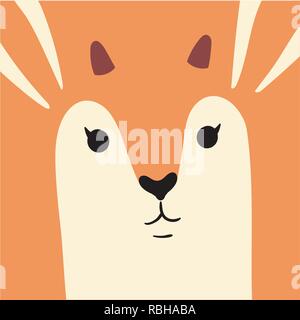 Cute red deer cartoon animal portrait with smiling face wild forest animal head card with antlers horns, copy space vector illustration Stock Vector