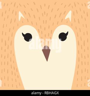 Cute orange owl cartoon animal portrait with feathers face bird head card with copy space vector illustration Stock Vector