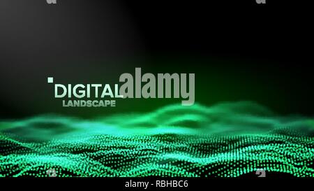 Digital Landscape Vector. Data Technology. Wave Mountain. Tech Surface. Dot Land. Geometric Data. 3D Illustration Stock Vector