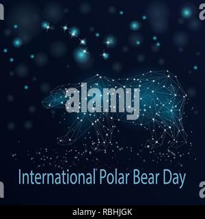 Polar bear in low poly style. International Polar Bear Day concept.  Polygonal lines vector polar white space bear against the night sky. Design for g Stock Vector