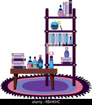 shelving and table with magic potion bottles Stock Vector