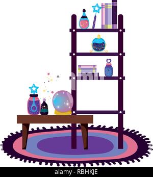 shelving and table with magic potion bottles Stock Vector