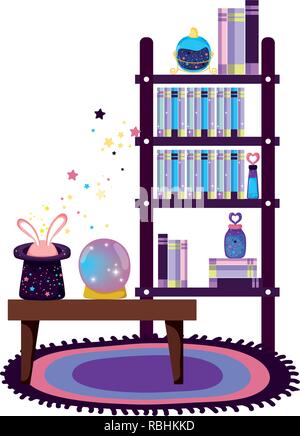 shelving and table with magic potion bottles Stock Vector