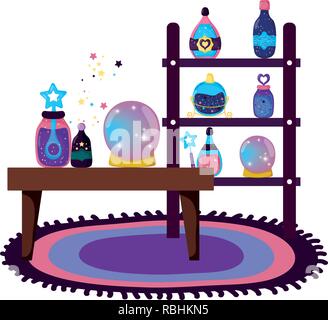 shelving and table with magic potion bottles Stock Vector