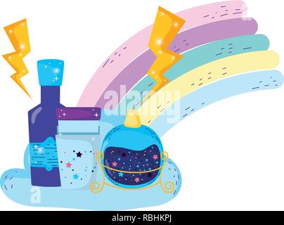 magic potion bottles with glass in rainbow Stock Vector