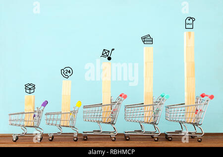 Five shopping carts on a blue background, showing a successful commercial experience Stock Photo