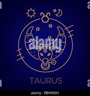 Taurus vector signs of the zodiac in circles of golden color on a blue background. Astrological forecast, horoscope for a single sign. Logo, tattoo Stock Vector