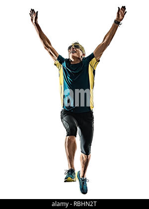 one caucasian senior man running runner jogger jogging  in studio shadow silhouette isolated on white background Stock Photo