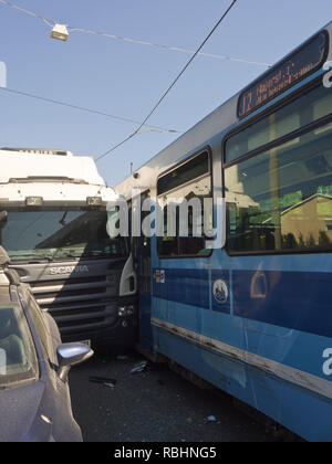 Traffic accident, truck getting into the path of a heavy tram, close up of damages, Oslo Norway Stock Photo