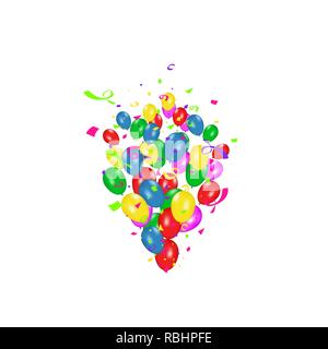 Color composition of vector realistic balloons and Colorful confetti burstisolated on white background. Balloons isolated. For Birthday greeting cards or other designs Stock Vector