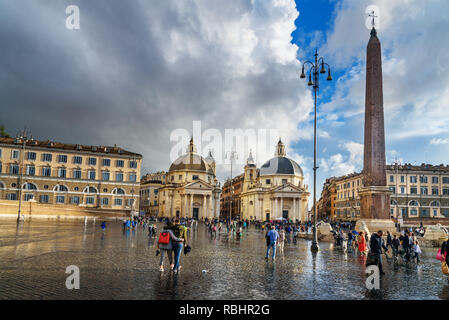 Rome, Italy - October 06, 2018: View of Piazza del Popolo in rain in Rome