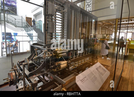 London, United Kingdom, June 2018. Babbage's machine is the progenitor of modern computers. It is a mechanical analogic computer, conserved at the Lon Stock Photo