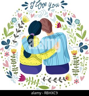 I love you, loving couple and abstract flowers and leaves with hand draw lettering on a white background, flat vector illustration Stock Vector