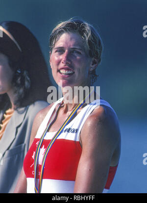 Barcelona Olympic Games 1992 Olympic Regatta - Lake Banyoles Bronze Medalist, CAN W1X, Silken LAUMANN  on awards dock.; Women's Single Medals,  {Mandatory Credit: © Peter Spurrier/Intersport Images] Stock Photo