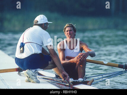Barcelona Olympic Games 1992 Olympic Regatta - Lake Banyoles CAN W1X. Silken Laumann the boating dock with her coach, Mike SPRACKLEN, {Mandatory Credit: © Peter Spurrier/Intersport Images] Stock Photo