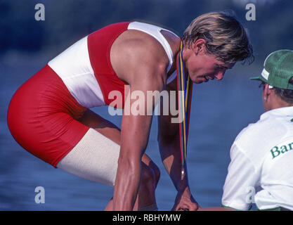 Barcelona, SPAIN.  CAN W1X,  Bronze Medalist, Silken LAUMANN,   Bandage's visable from injuries she received to right leg after being in collision with another boat, while training at a European Regatta, approx.  two months before the 1992 Olympic Rowing Regatta Lake Banyoles, Catalonia [Mandatory Credit Peter Spurrier/ Intersport Images] Stock Photo