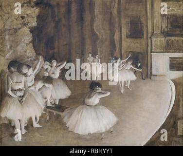 Répétition d'un ballet sur la scène Ballet Rehearsal on Stage. Date/Period: 1874. Painting. Oil on canvas. Height: 650 mm (25.59 in); Width: 810 mm (31.88 in). Author: EDGAR DEGAS. DEGAS, EDGAR. Stock Photo
