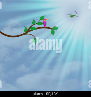 Illustration Tropical bird sitting on tree branch with sky bakground and sunrays . . . Spring and Summer Image Stock Photo