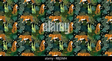 Seamless pattern with tigers and tropical leaves. Trendy. Hand draw Vector illustration Stock Vector