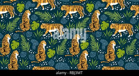 Seamless pattern with cartoon tigers and tropical leaves. Trendy style. Vector illustration Stock Vector
