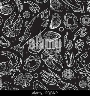 Hand Drawn Seafood Seamless Pattern on Black. Oysters, Fish, Squid, Mussels, Lemon, Onion. Stock Vector