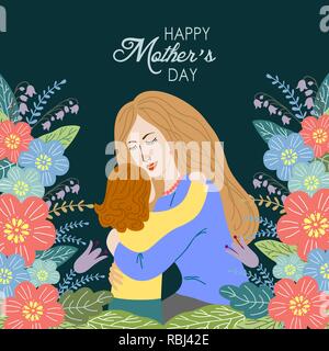 Happy mothers day, Hand draw design concept, Mom with a child surrounded by flowers and text, vector illustration Stock Vector