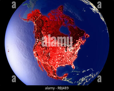 NAFTA memeber states from space on Earth at night. Very fine detail of the plastic planet surface with bright city lights. 3D illustration. Elements o Stock Photo