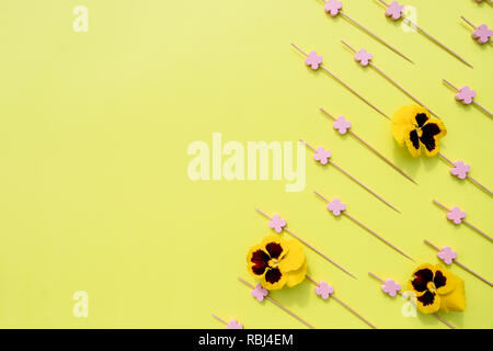 Pansy yellow with Skewers for the preparation of canapes. Props for snack on yellow background.Flat lay, top view.Flowers composition. Frame made of colorful flowers.Viola tricolor pansy.heartsease.Copy space Stock Photo