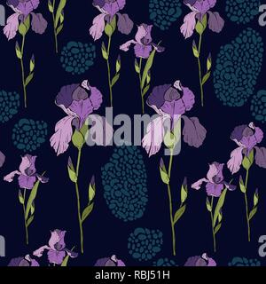 Floral seamless pattern with irises. Vector design for paper, cover, fabric, interior decor and other users, hand draw illustration Stock Vector