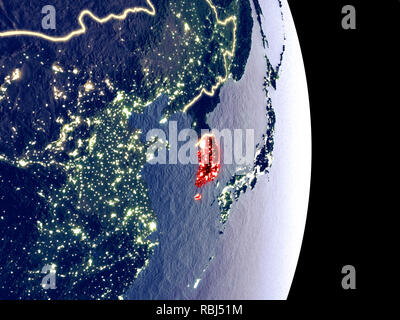 Satellite night view of South Korea highlighted in red on planet Earth ...