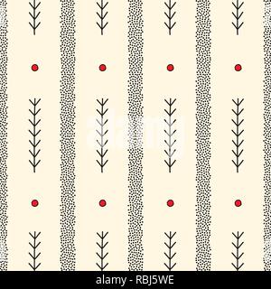 Hand drawn abstract seamless pattern. Stripes and branches stylish minimalistic background. Elegant dotted illustration for surface design, textile, w Stock Vector